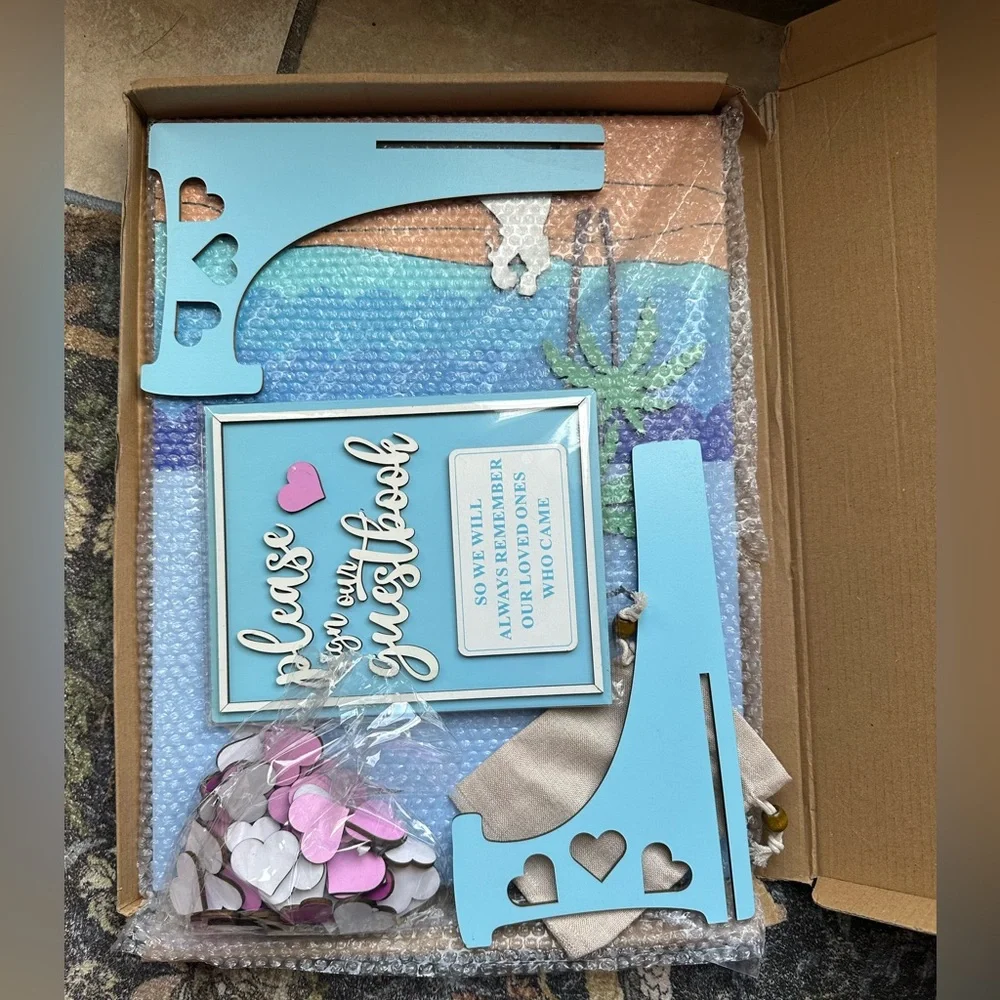 Beach Wedding Wooden Guestbook Sign Set – Frame, Hearts, Stand – New